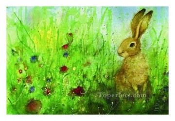 動物 Painting - ウサギの花の草原